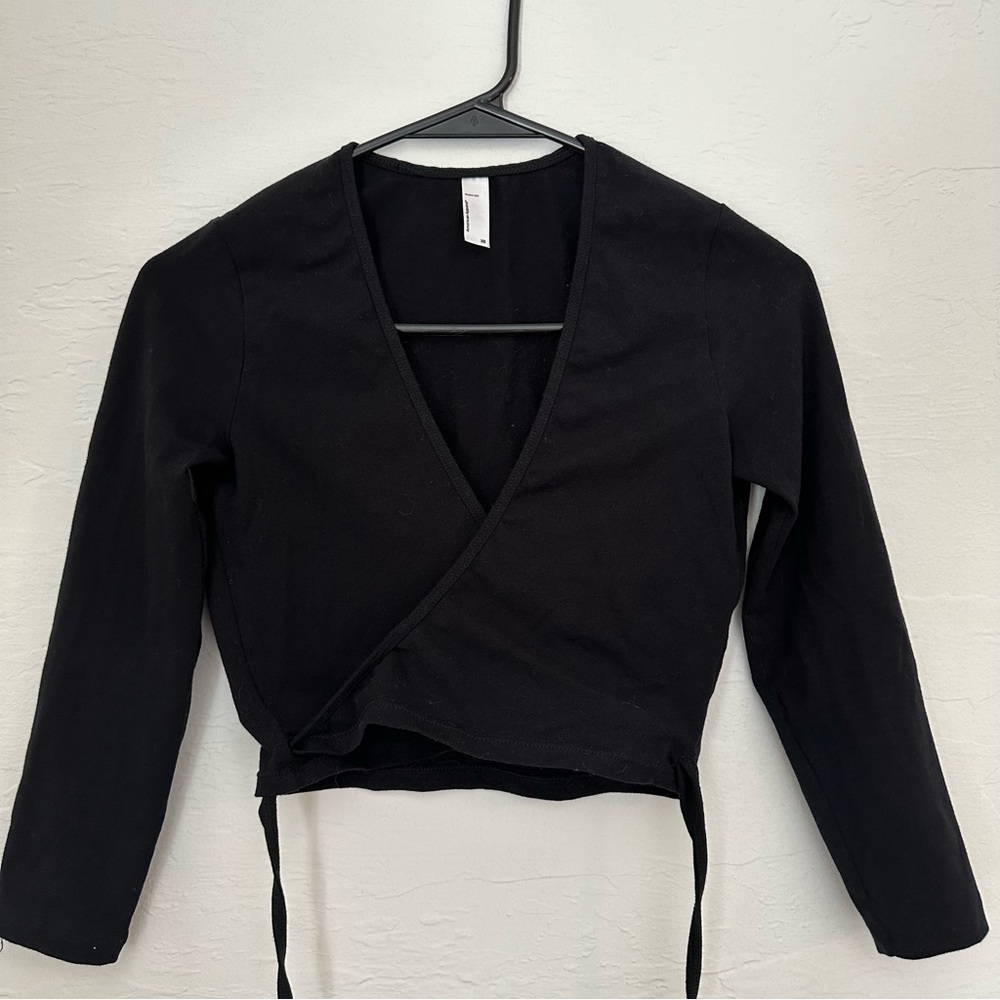 American Apparel Black Wrap-Front Long Sleeve Crop Top